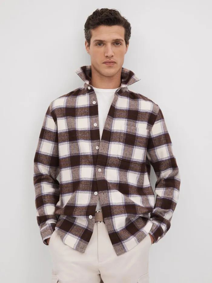 Men Reiss Shirts Dortch Brushed Checked ButtonThrough Shirt Brown Multi