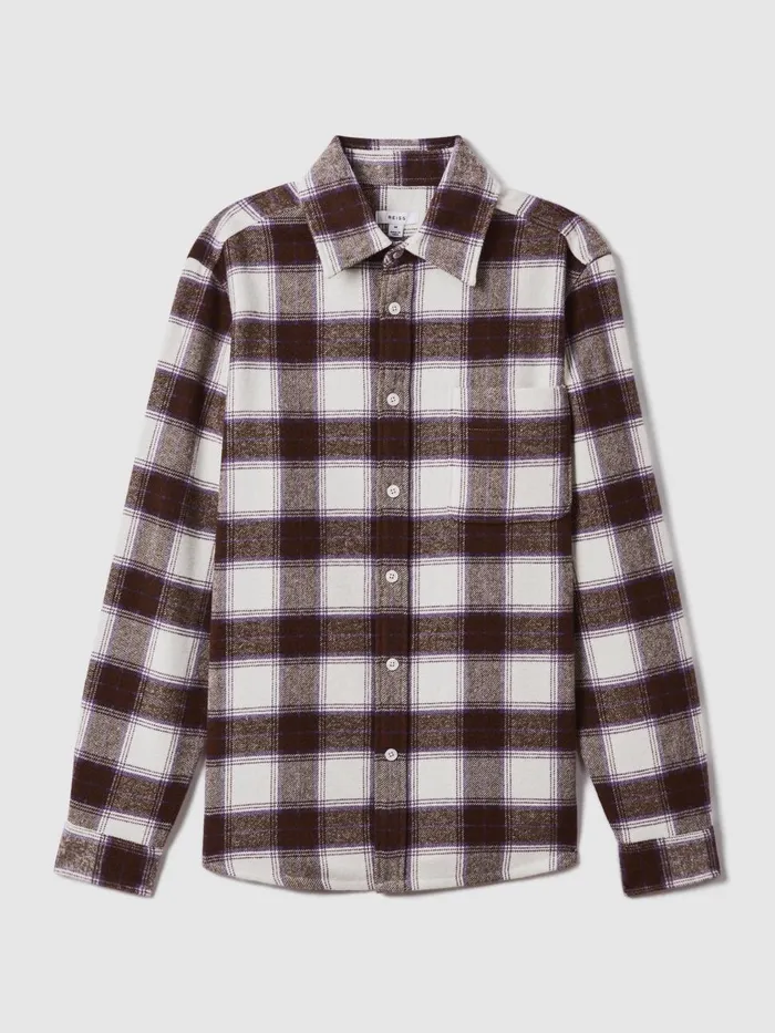 Men Reiss Shirts Dortch Brushed Checked ButtonThrough Shirt Brown Multi