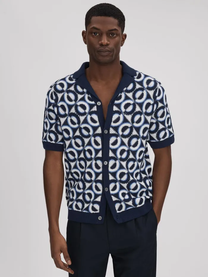 Men Reiss Shirts Frenchie Crochet Cuban Collar Shirt Navy