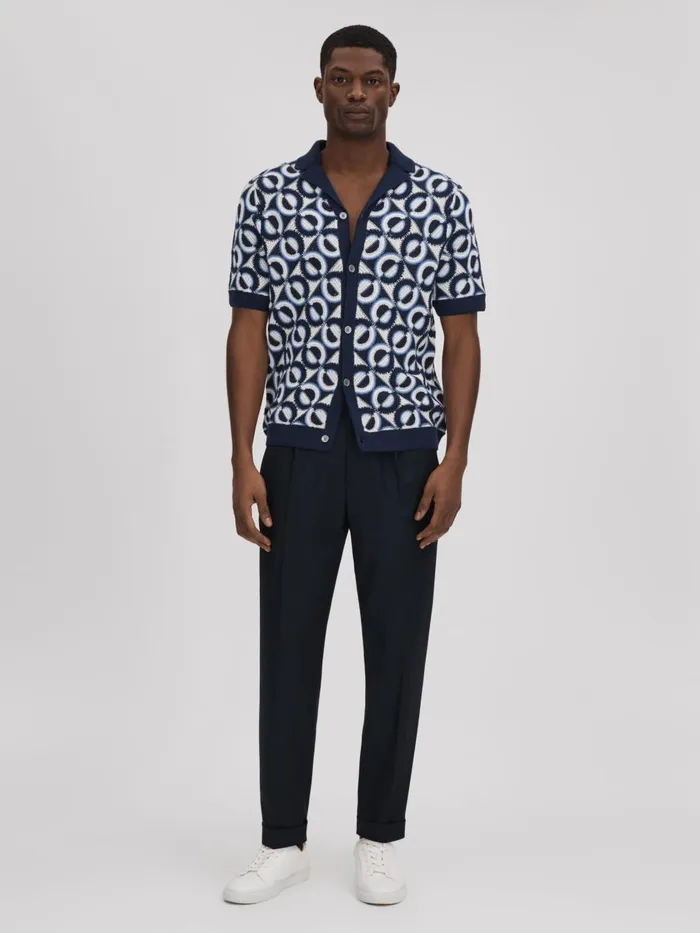 Men Reiss Shirts Frenchie Crochet Cuban Collar Shirt Navy