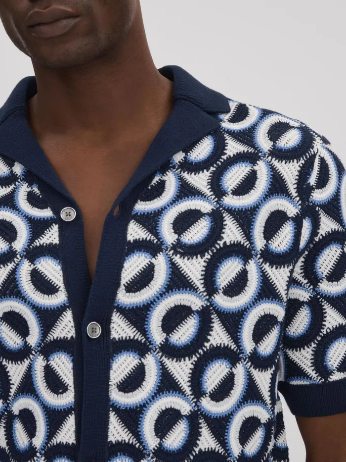 Men Reiss Shirts Frenchie Crochet Cuban Collar Shirt Navy