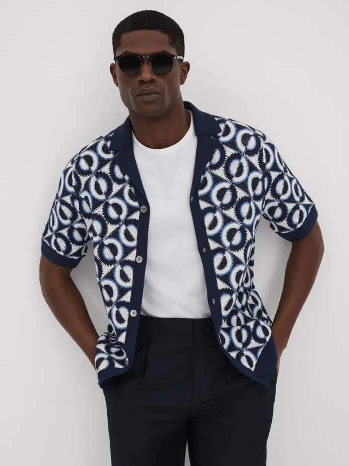 Men Reiss Shirts Frenchie Crochet Cuban Collar Shirt Navy