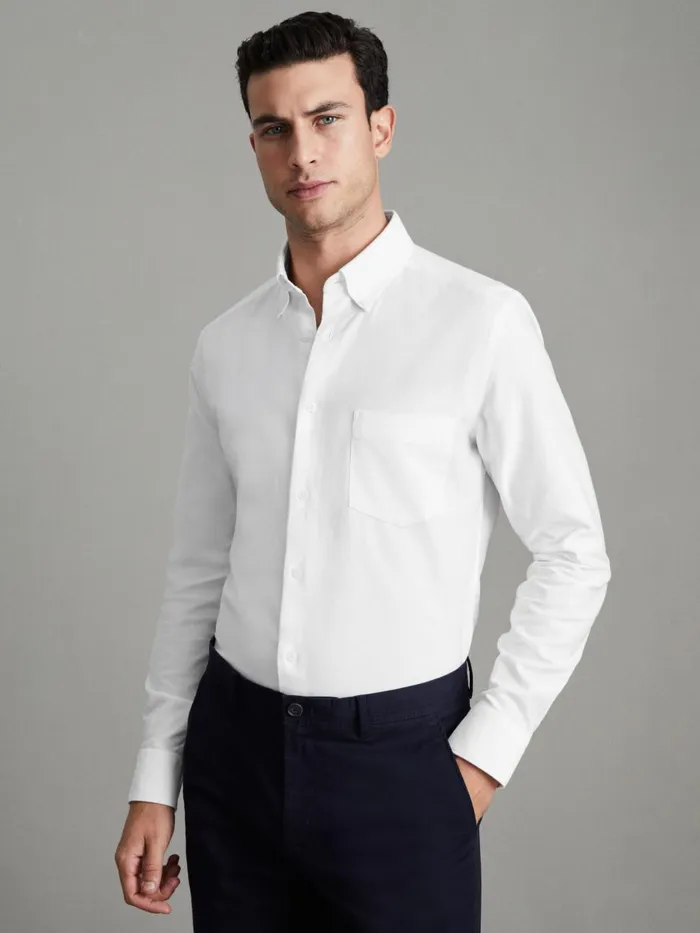 Men Reiss Shirts Greenwich Slim Fit Cotton Oxford Shirt White