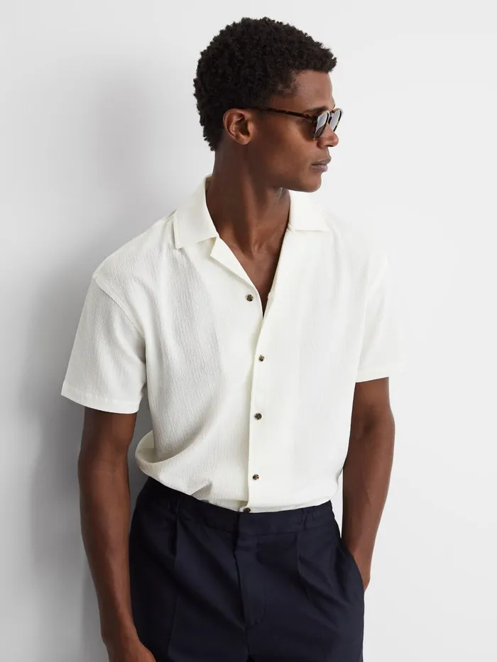 Men Reiss Shirts Hunt Textured Cuban Collar Shirt Ecru