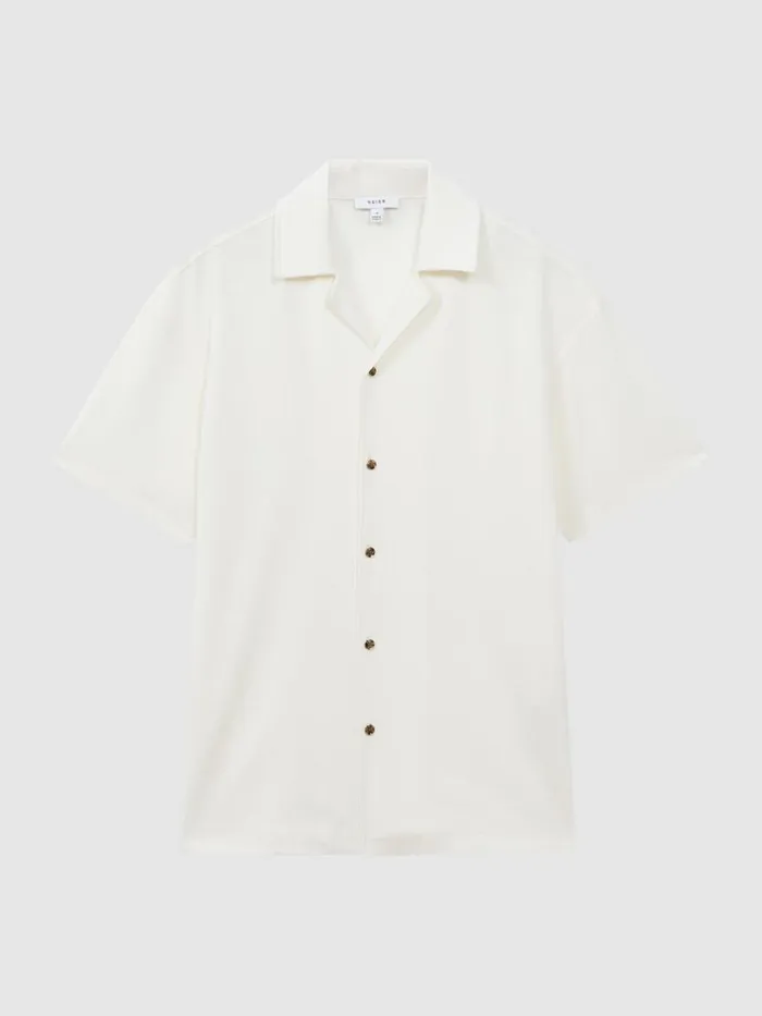 Men Reiss Shirts Hunt Textured Cuban Collar Shirt Ecru
