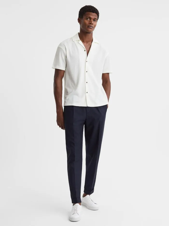 Men Reiss Shirts Hunt Textured Cuban Collar Shirt Ecru