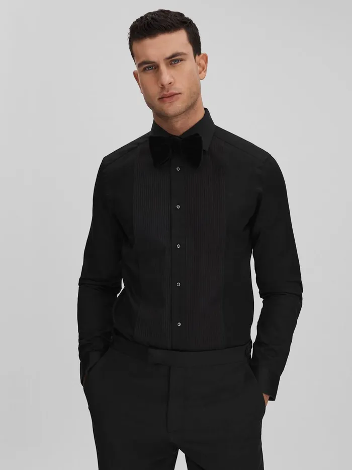 Men Reiss Shirts Marcel Slim Fit Cotton Marcella Tuxedo Shirt Black
