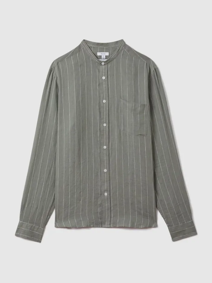 Men Reiss Shirts Ocean Linen Grandad Collar Shirt Sage Stripe