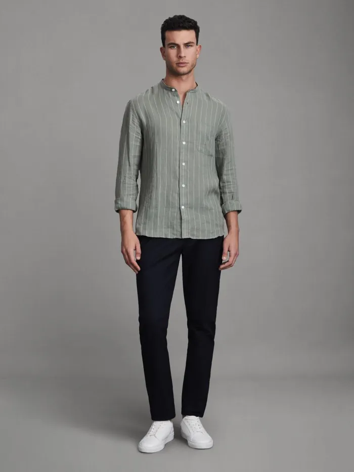 Men Reiss Shirts Ocean Linen Grandad Collar Shirt Sage Stripe