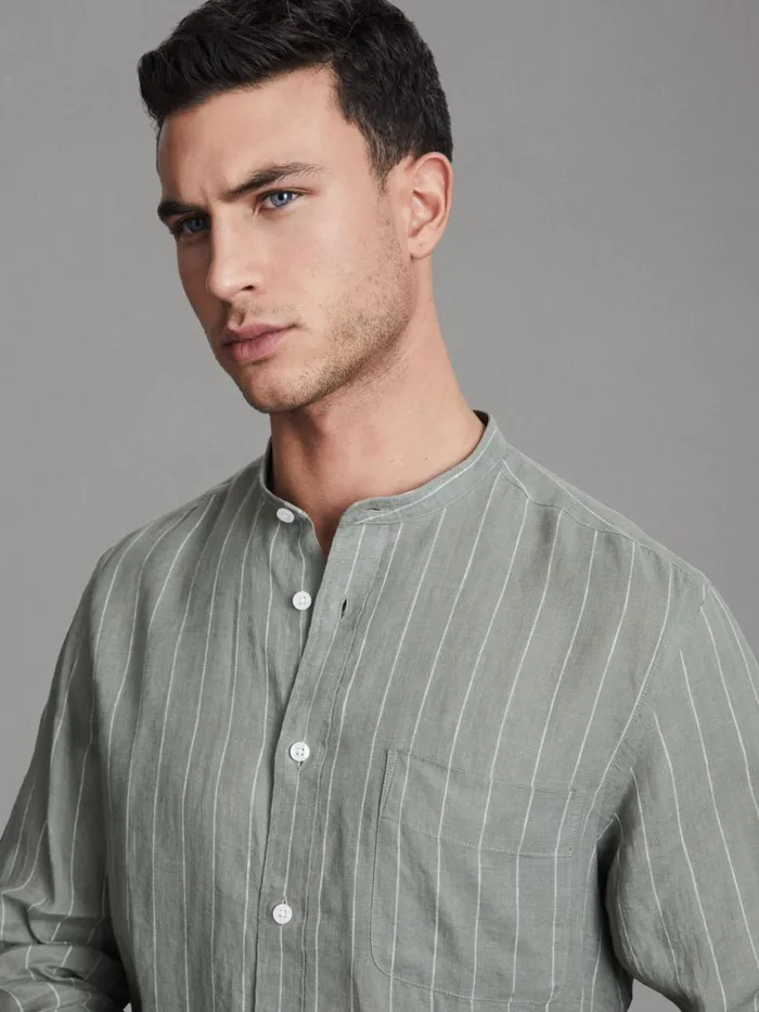 Men Reiss Shirts Ocean Linen Grandad Collar Shirt Sage Stripe
