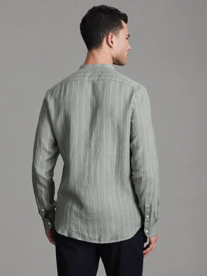 Men Reiss Shirts Ocean Linen Grandad Collar Shirt Sage Stripe