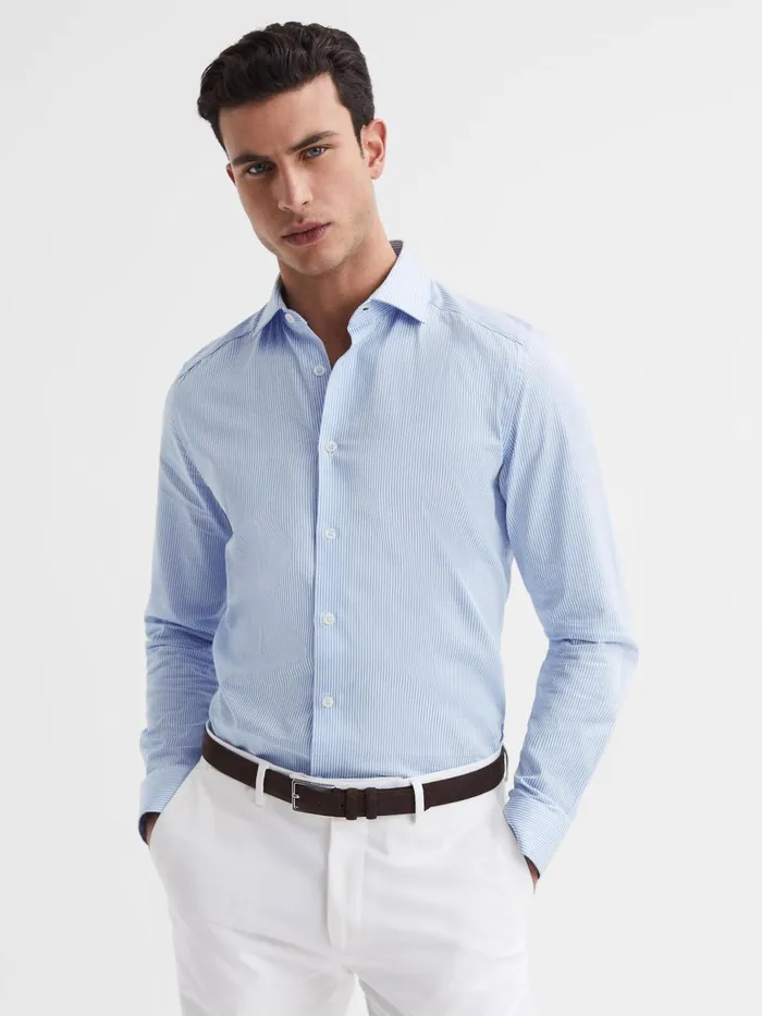Men Reiss Shirts Remote Bengal Striped Cotton Slim Fit Shirt Blue Stripe