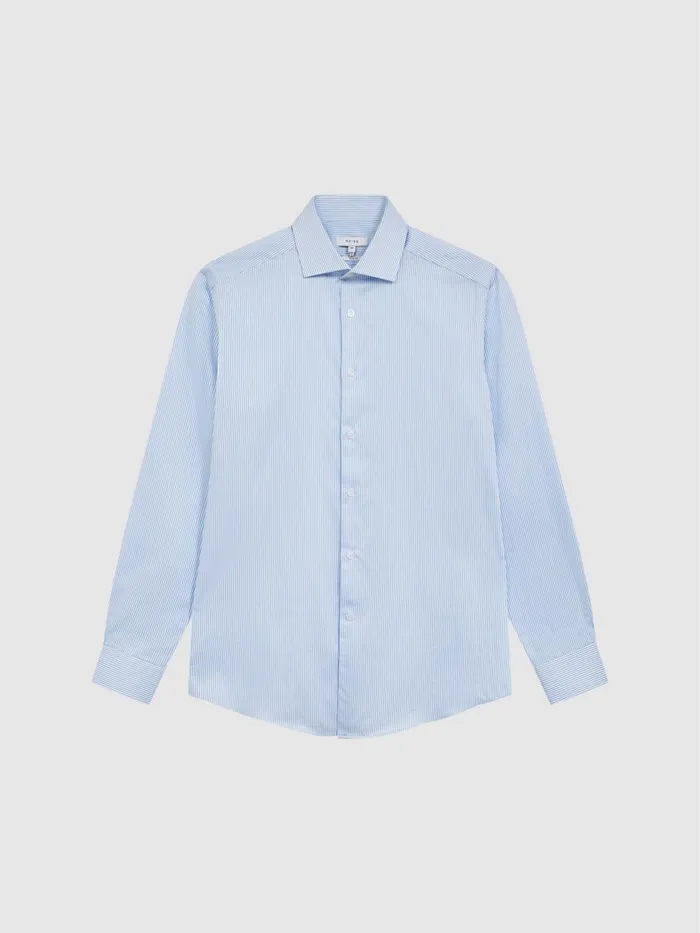 Men Reiss Shirts Remote Bengal Striped Cotton Slim Fit Shirt Blue Stripe