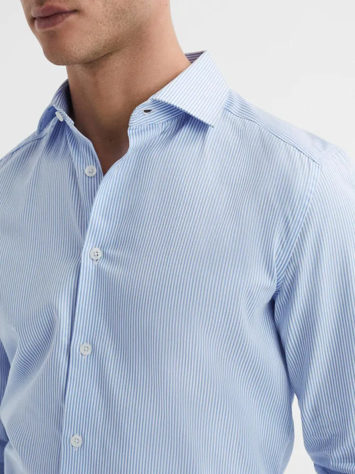Men Reiss Shirts Remote Bengal Striped Cotton Slim Fit Shirt Blue Stripe