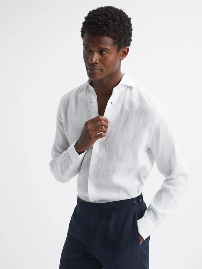 Men Reiss Shirts Rex Linen Cutaway Collar Shirt White