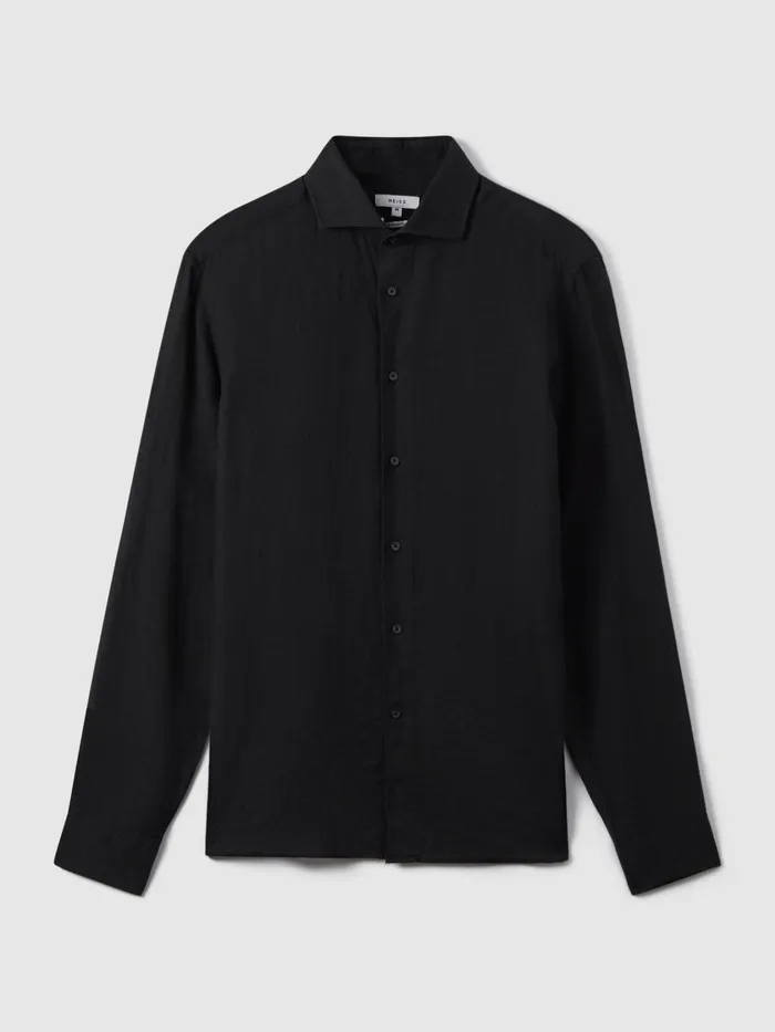 Men Reiss Shirts Ruban Linen Button Through Shirt Black