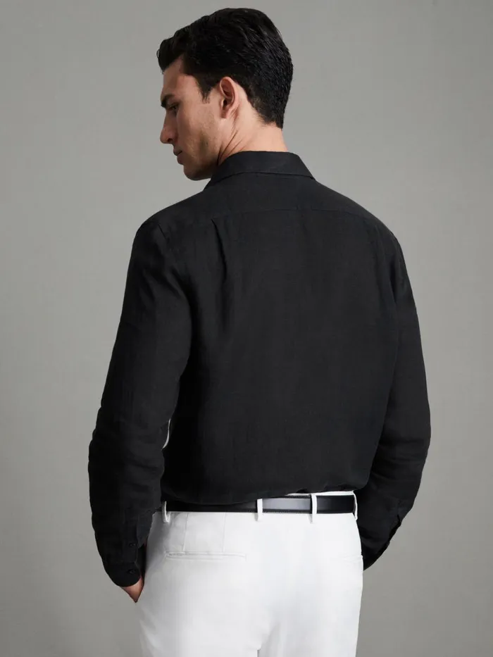 Men Reiss Shirts Ruban Linen Button Through Shirt Black