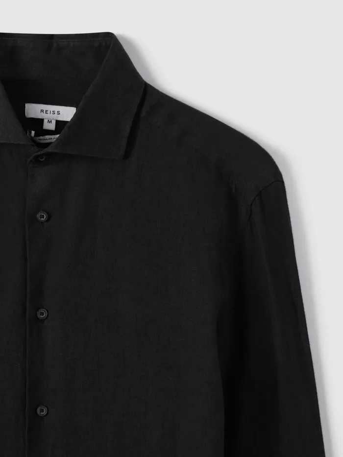 Men Reiss Shirts Ruban Linen Button Through Shirt Black