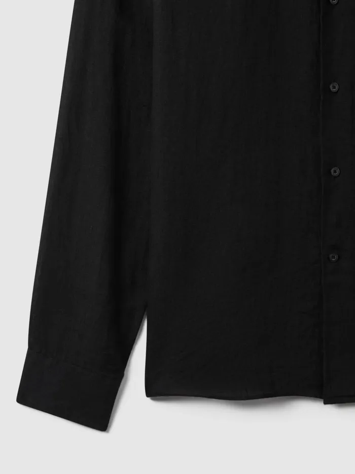 Men Reiss Shirts Ruban Linen Button Through Shirt Black