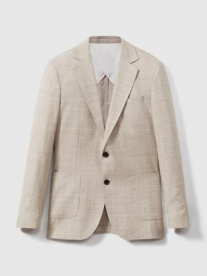 Men Reiss Suits and Tailoring Boxhill Slim Fit Linen Blend Check Single Breasted Blazer Oatmeal
