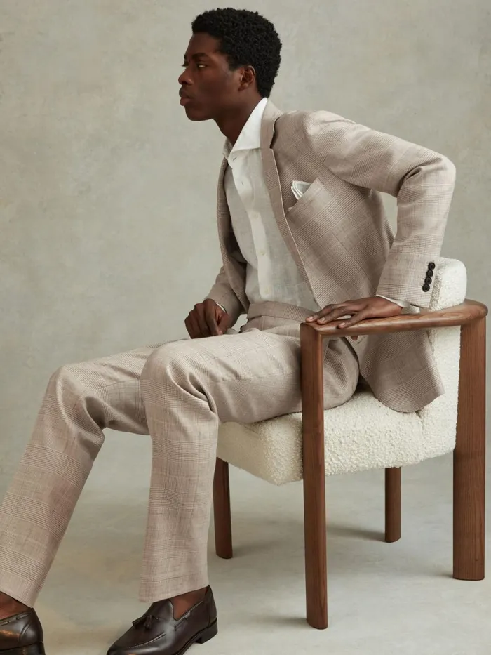 Men Reiss Suits and Tailoring Boxhill Slim Fit Linen Blend Check Single Breasted Blazer Oatmeal