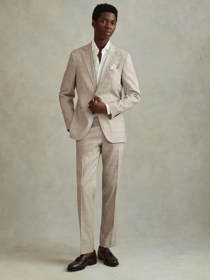 Men Reiss Suits and Tailoring Boxhill Slim Fit Linen Blend Check Single Breasted Blazer Oatmeal