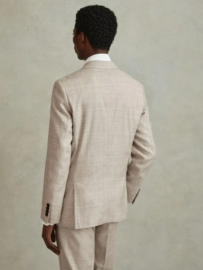 Men Reiss Suits and Tailoring Boxhill Slim Fit Linen Blend Check Single Breasted Blazer Oatmeal