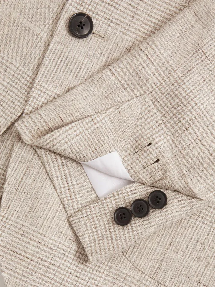 Men Reiss Suits and Tailoring Boxhill Slim Fit Linen Blend Check Single Breasted Blazer Oatmeal