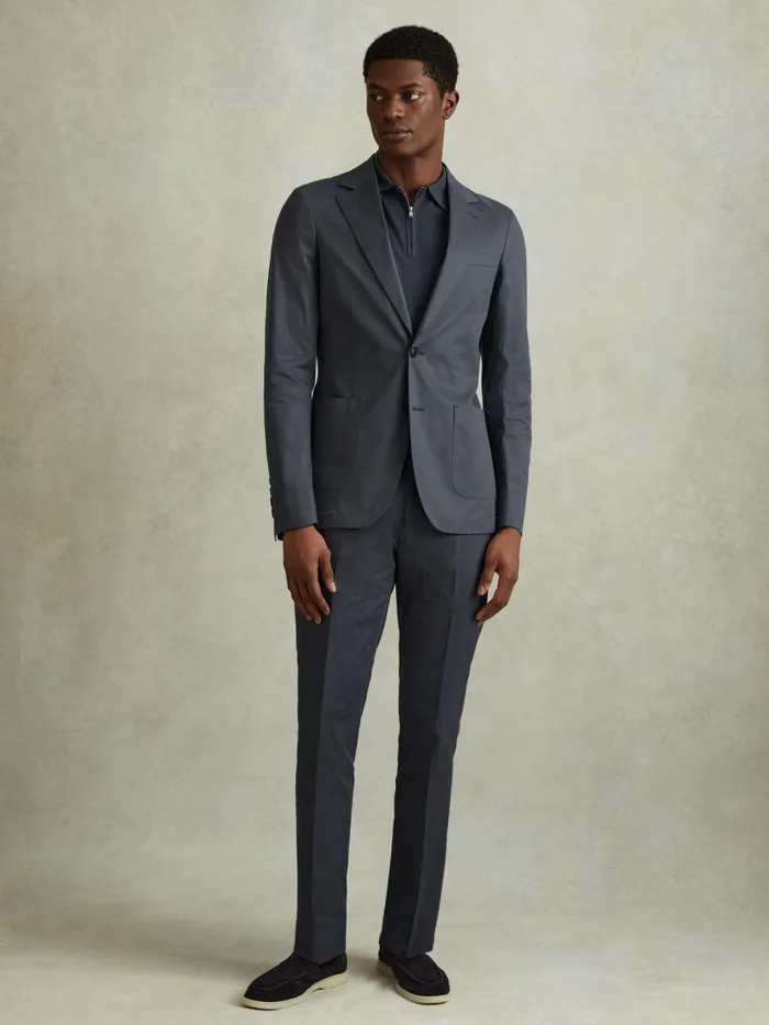 Men Reiss Suits and Tailoring Crawford Slim Fit Cotton Blend Single Breasted Blazer Airforce Blue