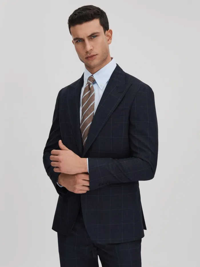 Men Reiss Suits and Tailoring Klink Wool Check Single Breasted Blazer Navy