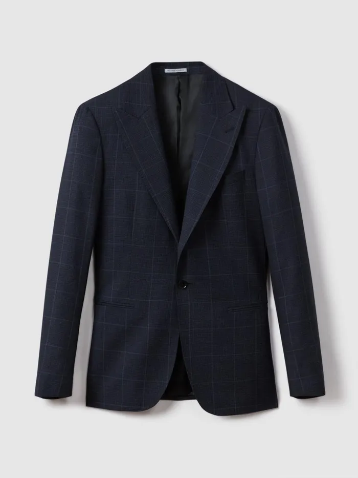 Men Reiss Suits and Tailoring Klink Wool Check Single Breasted Blazer Navy