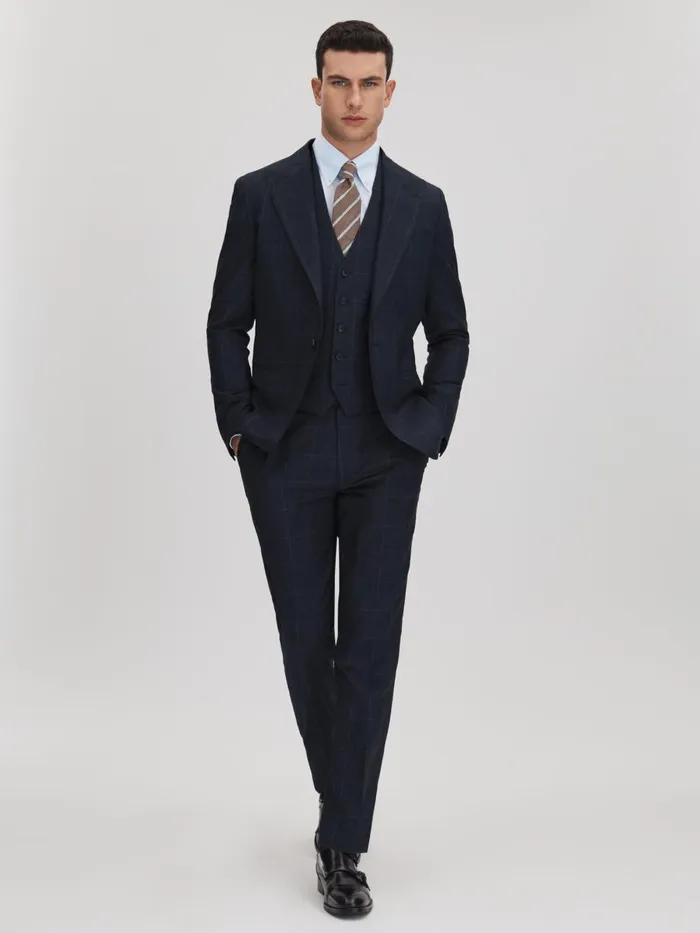 Men Reiss Suits and Tailoring Klink Wool Check Single Breasted Blazer Navy
