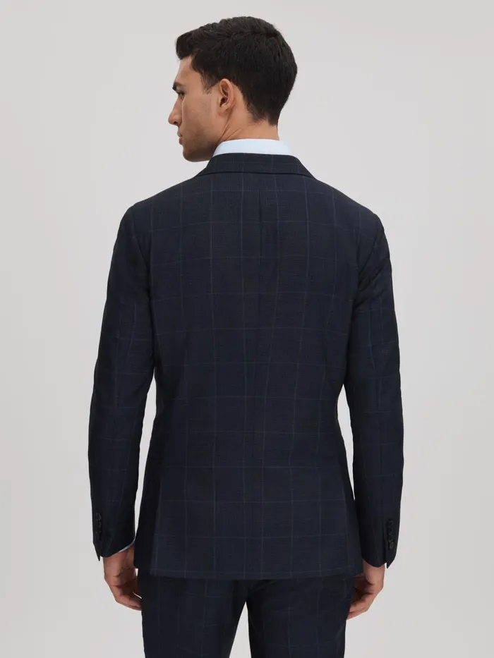 Men Reiss Suits and Tailoring Klink Wool Check Single Breasted Blazer Navy