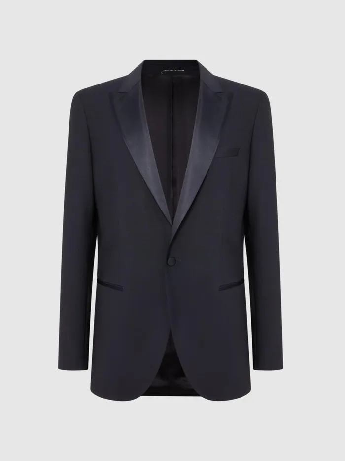 Men Reiss Suits and Tailoring Poker Modern Fit Single Breasted Tuxedo Jacket Navy