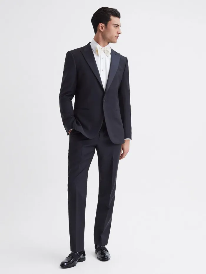 Men Reiss Suits and Tailoring Poker Modern Fit Single Breasted Tuxedo Jacket Navy