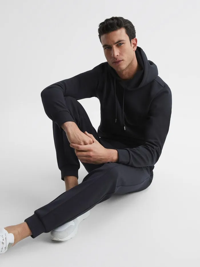Men Reiss Sweats Hoodies and Joggers Premier Interlock Jersey Drawstring Joggers Navy