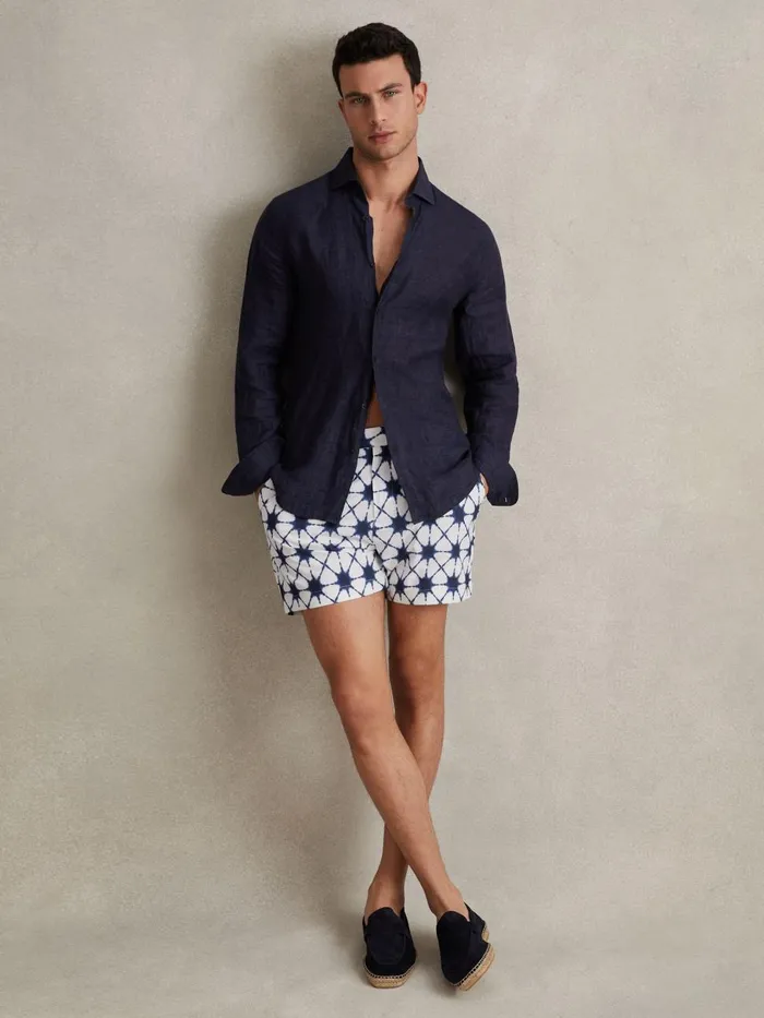Men Reiss Swimwear California Printed Swim Shorts Whiteblue