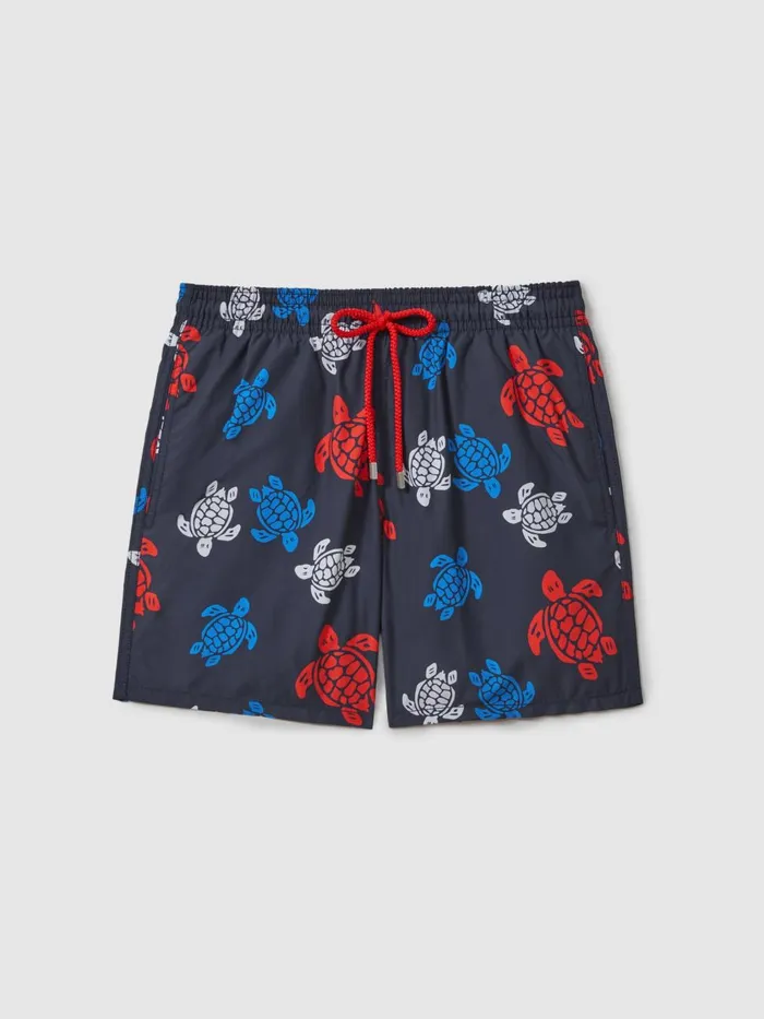 Men Reiss Swimwear Turtle Print Drawstring Swim Shorts Bleu Marine