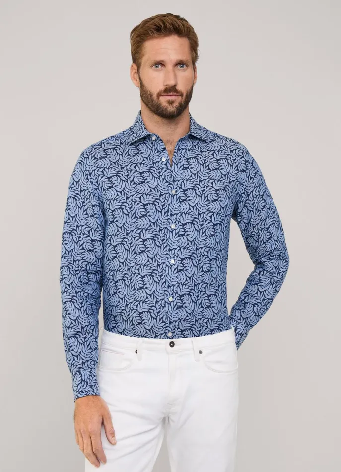 Men Shirts Faonnable Regular Fit Palms Linen Shirt Naval Blue