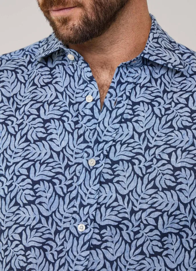 Men Shirts Faonnable Regular Fit Palms Linen Shirt Naval Blue