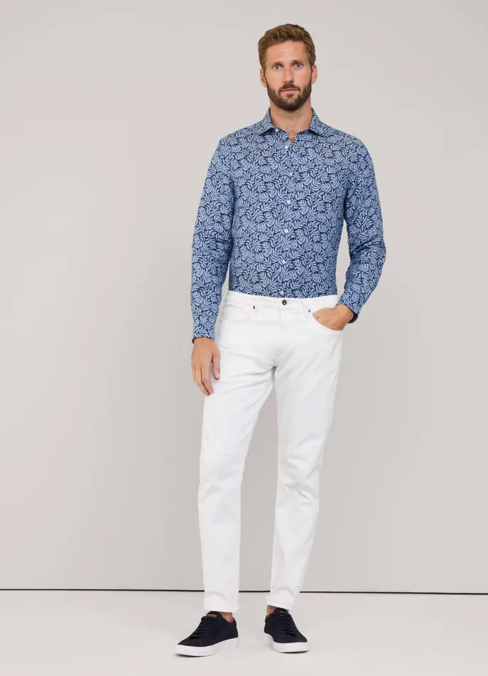 Men Shirts Faonnable Regular Fit Palms Linen Shirt Naval Blue