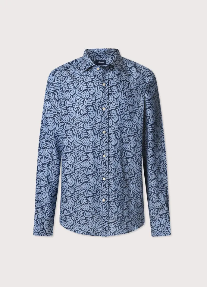 Men Shirts Faonnable Regular Fit Palms Linen Shirt Naval Blue