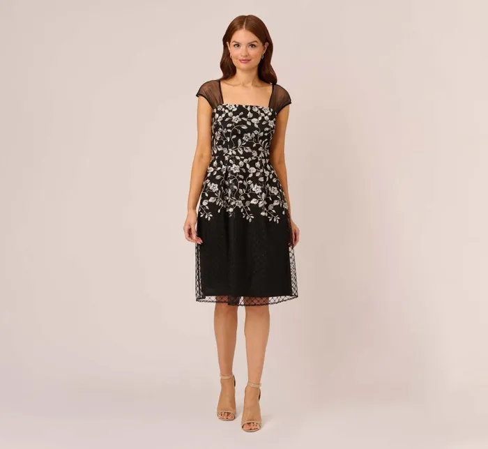 Midi Dresses Womens Adrianna Papell Floral Embroidered Midi Dress With Sheer Cap Sleeves In Black Ivory Midi Dresses Womens Adrianna Papell Floral Embroidered Midi Dress With Sheer Cap Sleeves In Black Ivory