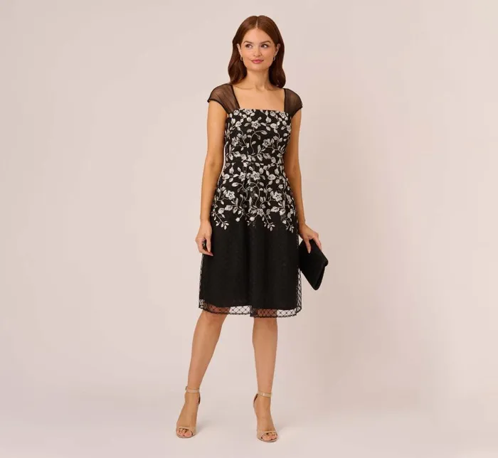 Midi Dresses Womens Adrianna Papell Floral Embroidered Midi Dress With Sheer Cap Sleeves In Black Ivory