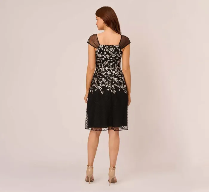 Midi Dresses Womens Adrianna Papell Floral Embroidered Midi Dress With Sheer Cap Sleeves In Black Ivory