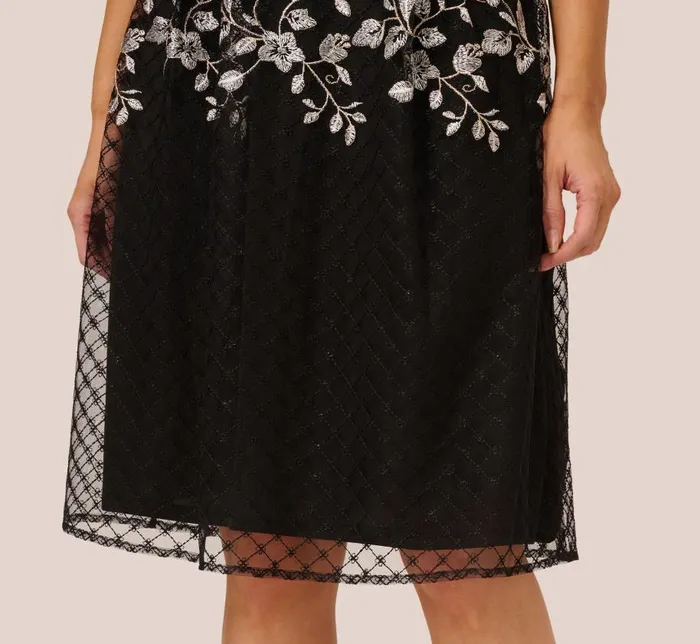 Midi Dresses Womens Adrianna Papell Floral Embroidered Midi Dress With Sheer Cap Sleeves In Black Ivory
