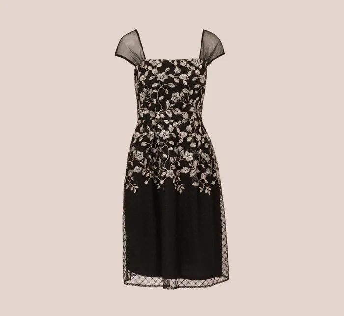 Midi Dresses Womens Adrianna Papell Floral Embroidered Midi Dress With Sheer Cap Sleeves In Black Ivory