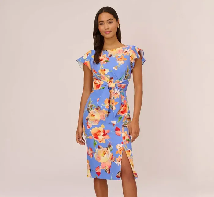 Midi Dresses Womens Adrianna Papell Flutter Sleeve Floral Print Dress With Tie Front In Peri Multi Midi Dresses Womens Adrianna Papell Flutter Sleeve Floral Print Dress With Tie Front In Peri Multi