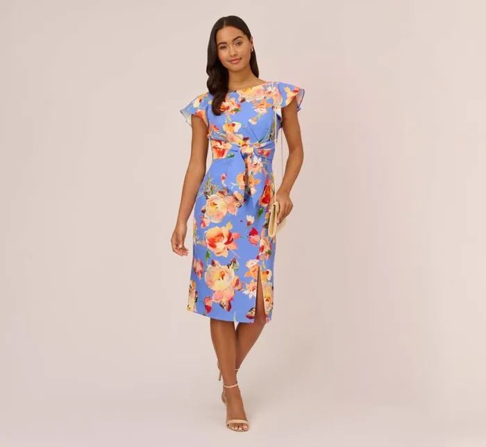 Midi Dresses Womens Adrianna Papell Flutter Sleeve Floral Print Dress With Tie Front In Peri Multi