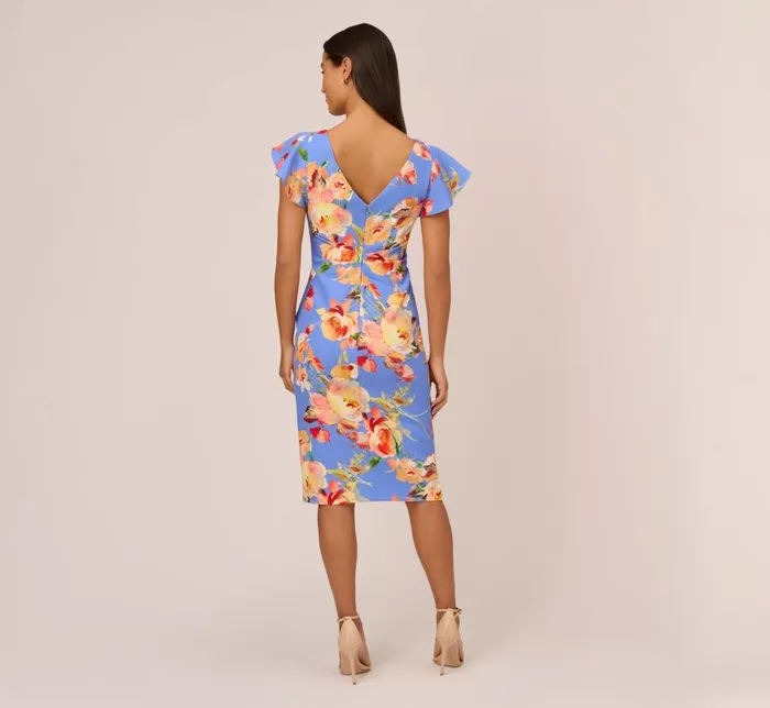 Midi Dresses Womens Adrianna Papell Flutter Sleeve Floral Print Dress With Tie Front In Peri Multi